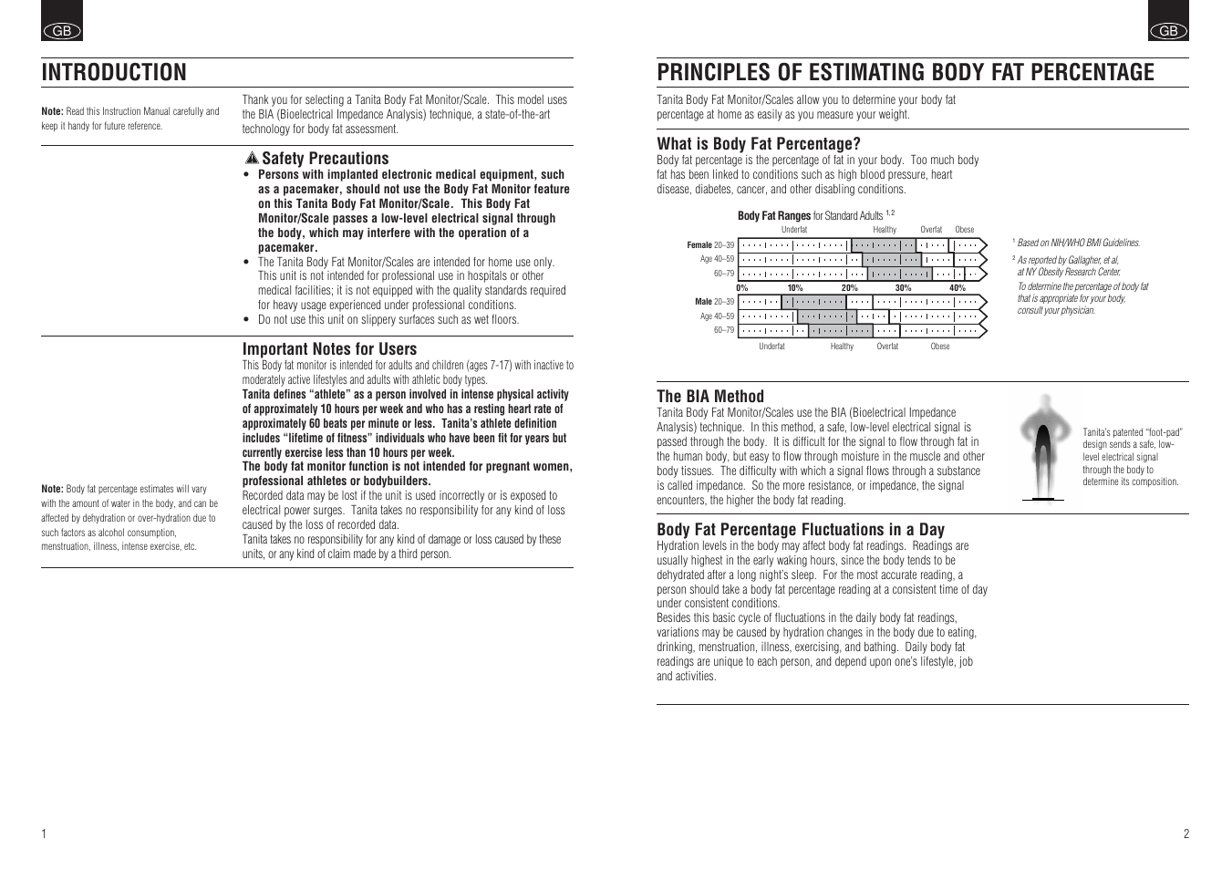 Principles of estimating body fat percentage, Introduction, What is body fat percentage | The bia method, Body fat percentage fluctuations in a day, Safety precautions | Tanita BF-666 User Manual | Page 3 / 30