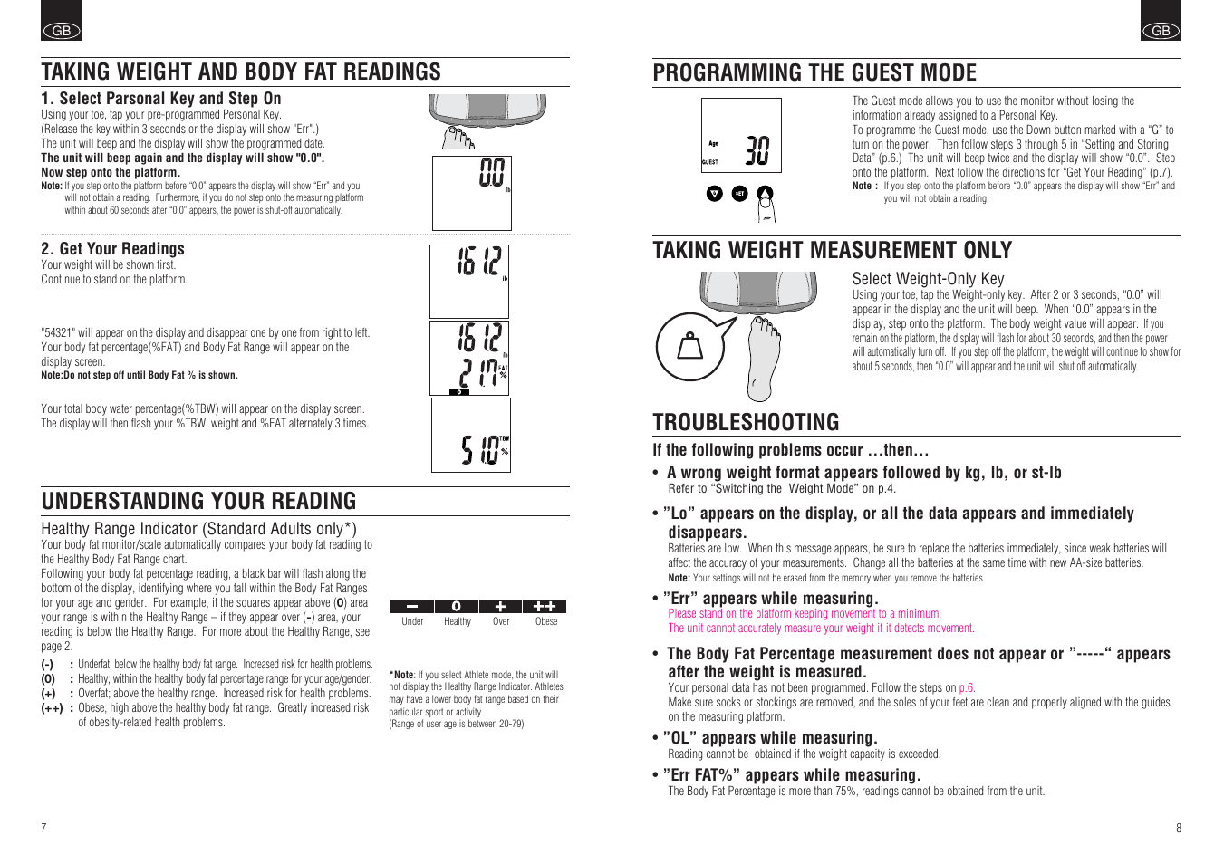 Troubleshooting, Taking weight measurement only, Programming the guest mode | Tanita BF-666 User Manual | Page 6 / 30