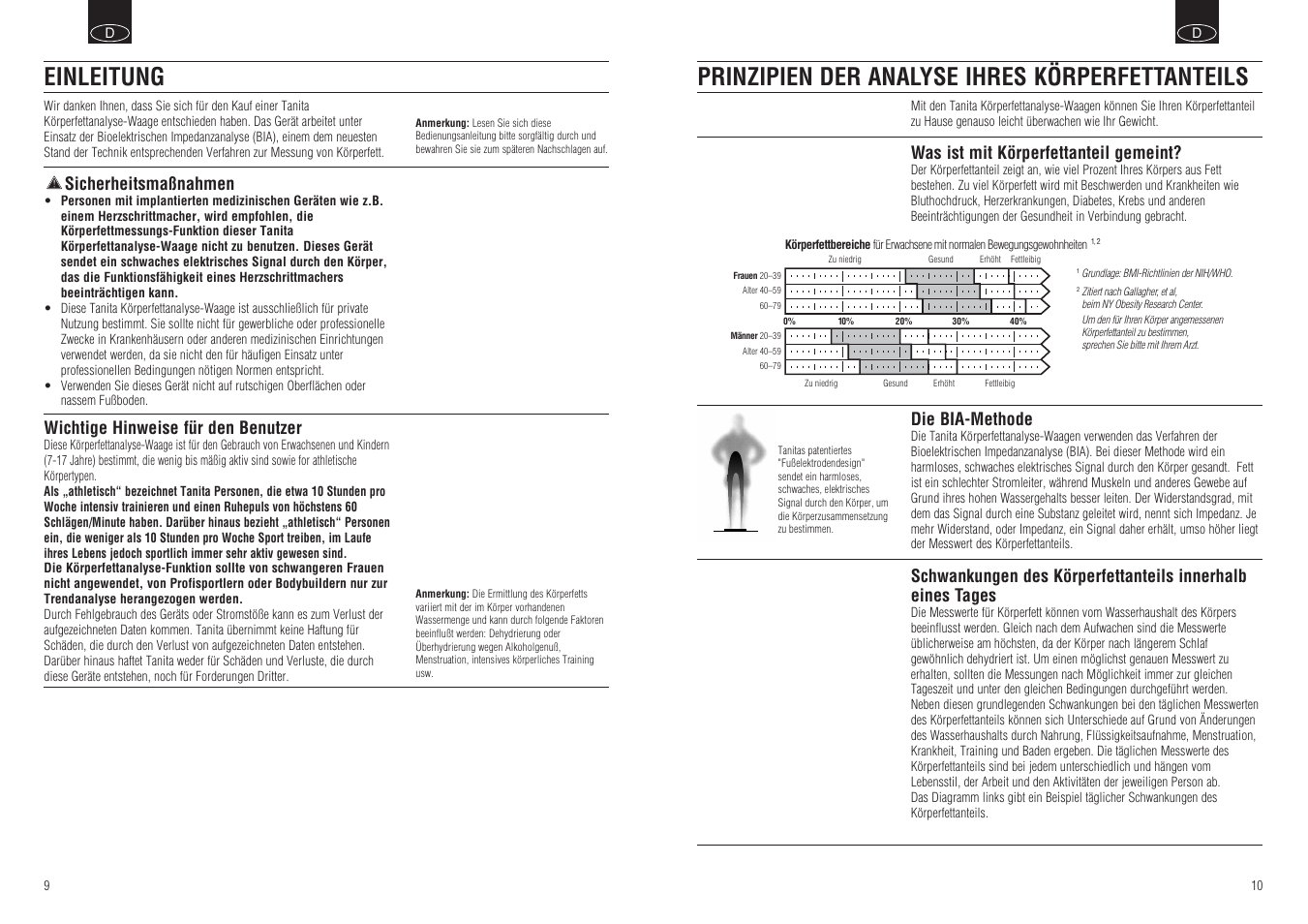 Prinzipien der analyse ihres körperfettanteils, Einleitung, Was ist mit körperfettanteil gemeint | Die bia-methode, Sicherheitsmaßnahmen, Wichtige hinweise für den benutzer | Tanita BF-666 User Manual | Page 7 / 30