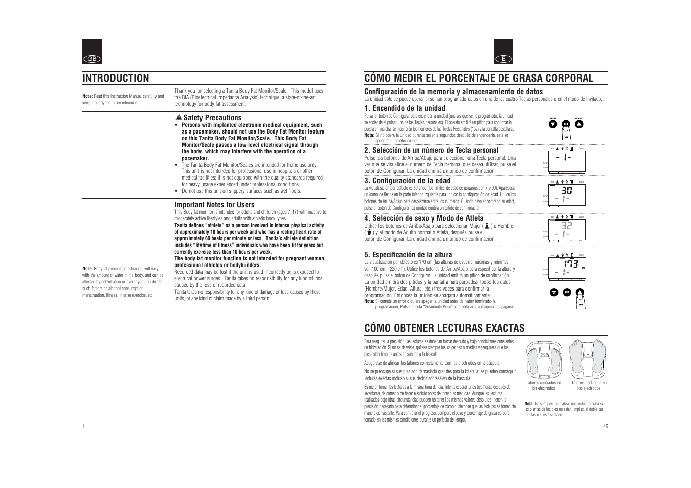 Introduction, Encendido de la unidad, Selección de un número de tecla personal | Configuración de la edad, Selección de sexo y modo de atleta, Especificación de la altura, Safety precautions | Tanita BF-626W User Manual | Page 2 / 9