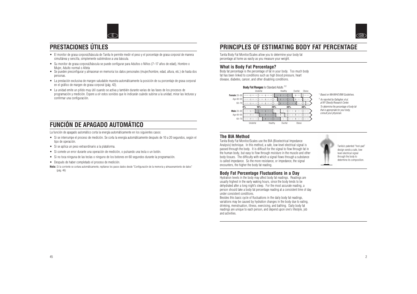 Prestaciones útiles función de apagado automático, Principles of estimating body fat percentage, What is body fat percentage | The bia method, Body fat percentage fluctuations in a day | Tanita BF-626W User Manual | Page 3 / 9