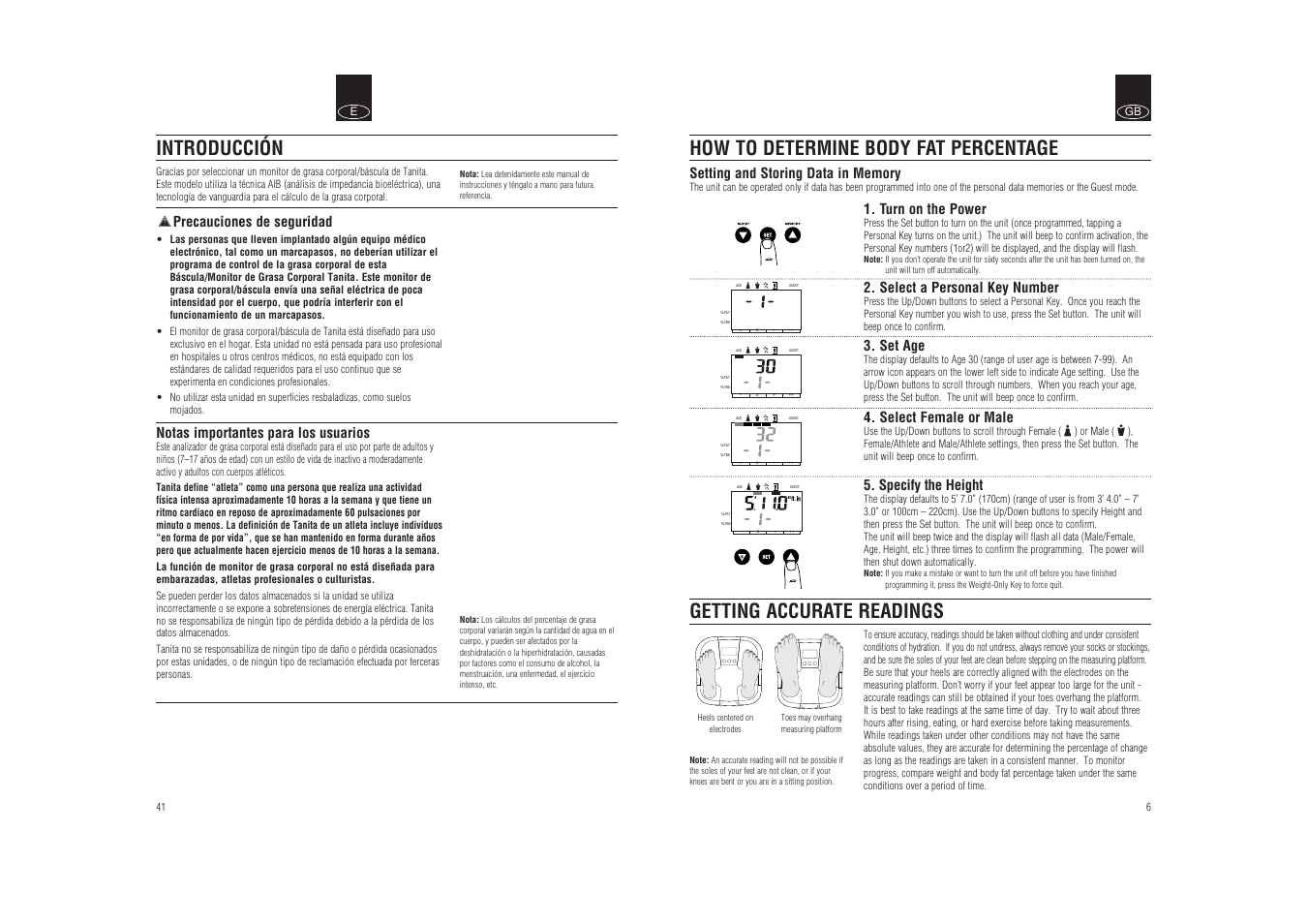 Introducción, Precauciones de seguridad, Notas importantes para los usuarios | Turn on the power, Select a personal key number, Set age, Select female or male, Specify the height | Tanita BF-626W User Manual | Page 7 / 9