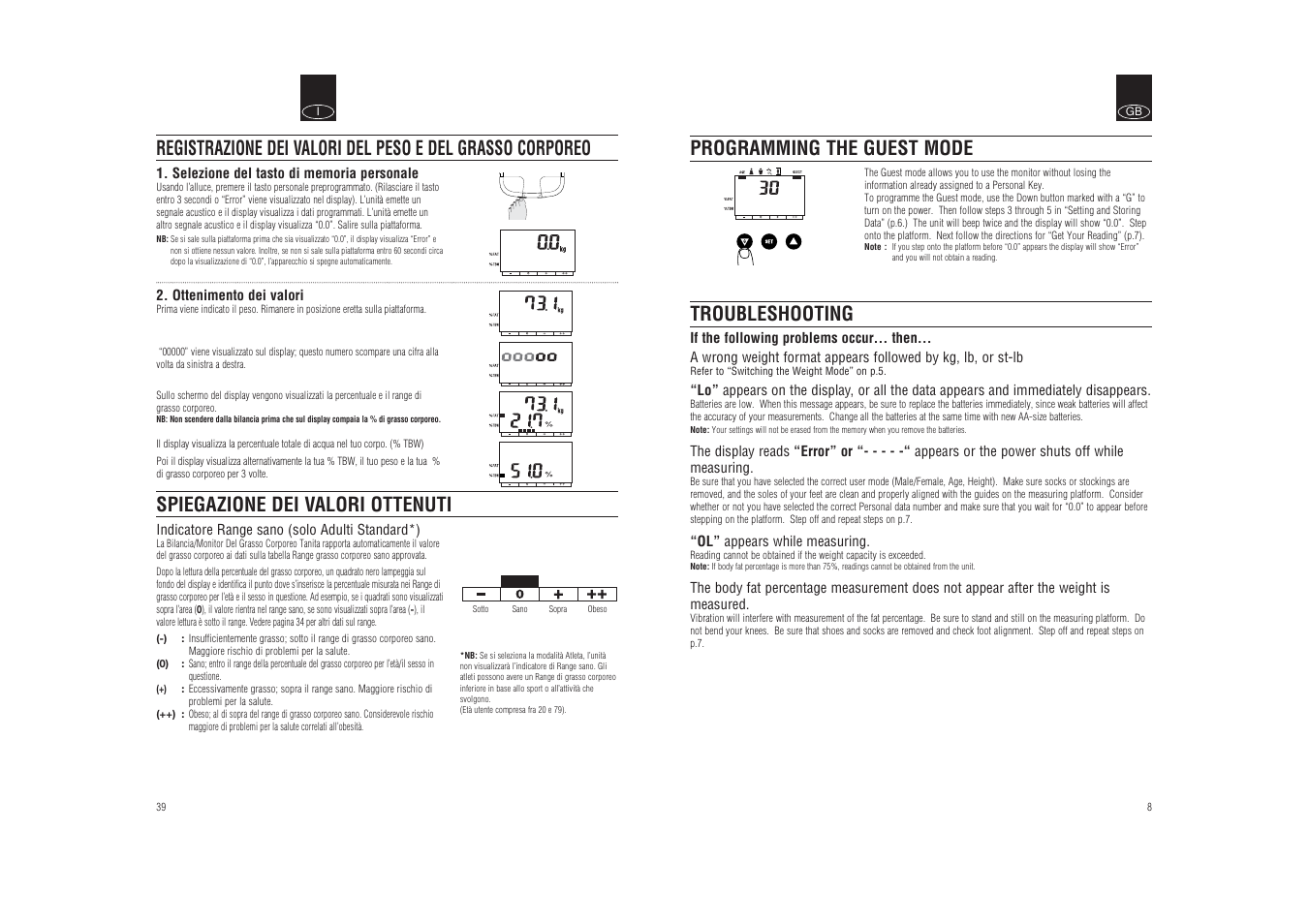 Troubleshooting, Programming the guest mode | Tanita BF-626W User Manual | Page 9 / 9