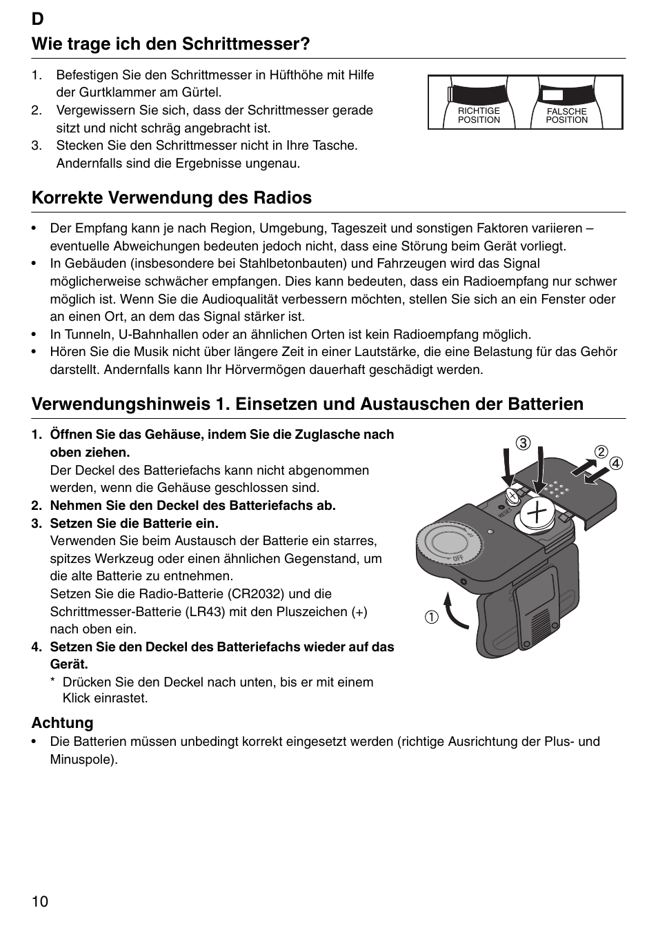 Dwie trage ich den schrittmesser, Korrekte verwendung des radios | Tanita PD640 User Manual | Page 10 / 60