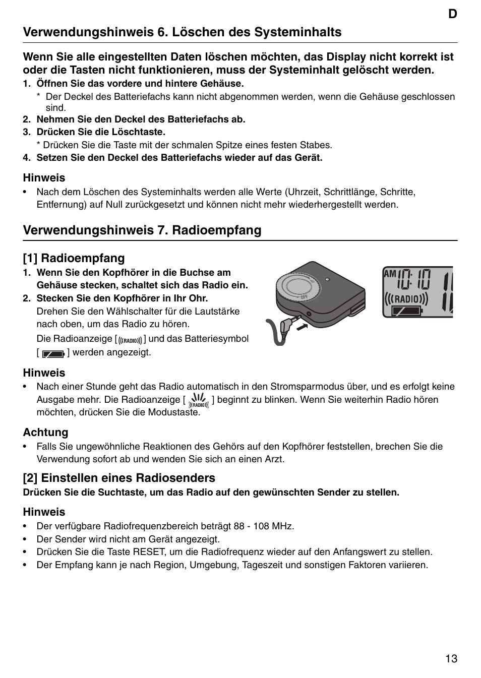 Dverwendungshinweis 6. löschen des systeminhalts, Verwendungshinweis 7. radioempfang | Tanita PD640 User Manual | Page 13 / 60