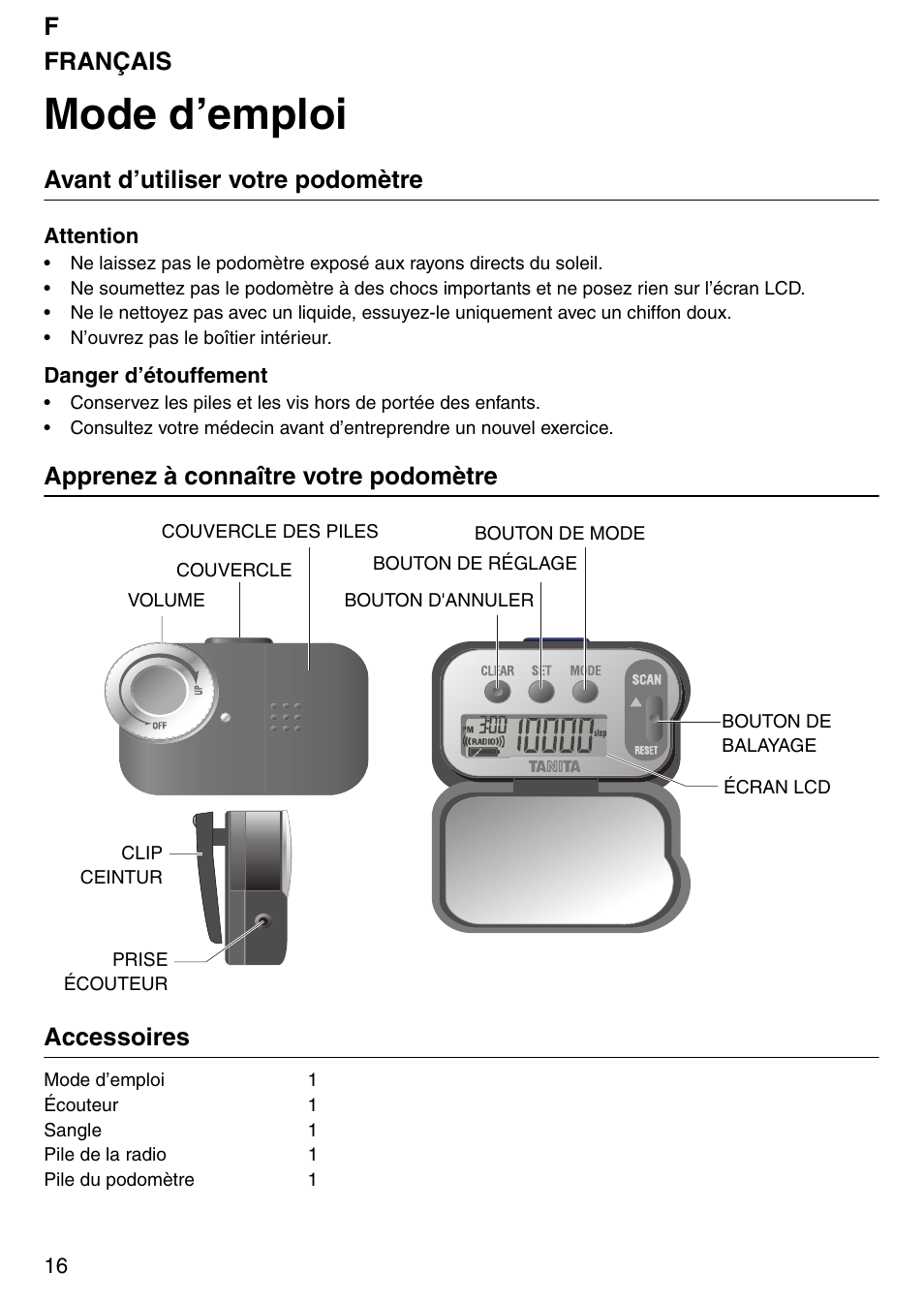 Mode d’emploi, Ffrançais, Avant d’utiliser votre podomètre | Apprenez à connaître votre podomètre accessoires | Tanita PD640 User Manual | Page 16 / 60