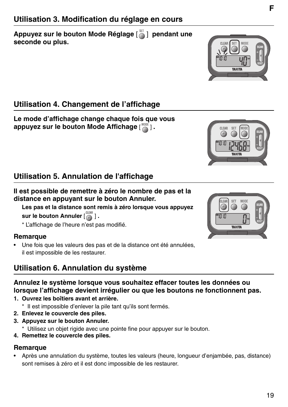 Futilisation 3. modification du réglage en cours, Utilisation 4. changement de l’affichage, Utilisation 5. annulation de l'affichage | Utilisation 6. annulation du système | Tanita PD640 User Manual | Page 19 / 60