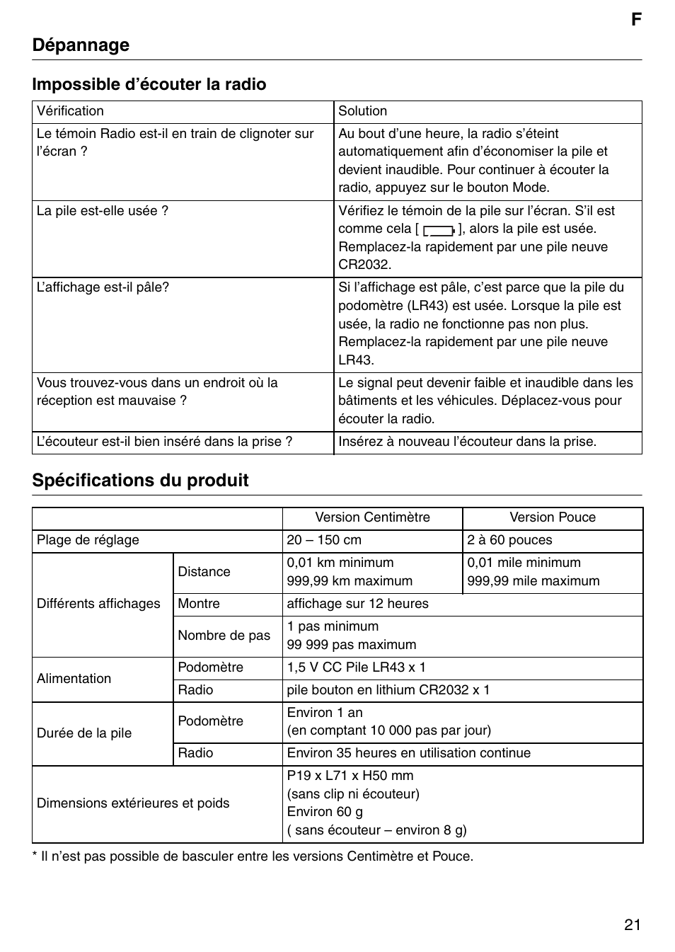 Fdépannage, Spécifications du produit, Impossible d’écouter la radio | Tanita PD640 User Manual | Page 21 / 60