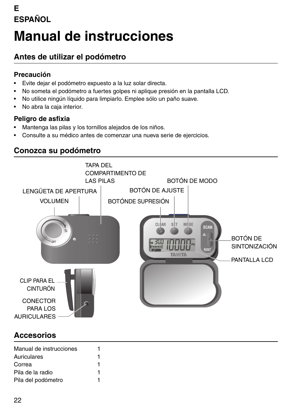 Manual de instrucciones, Eespañol, Antes de utilizar el podómetro | Conozca su podómetro accesorios | Tanita PD640 User Manual | Page 22 / 60
