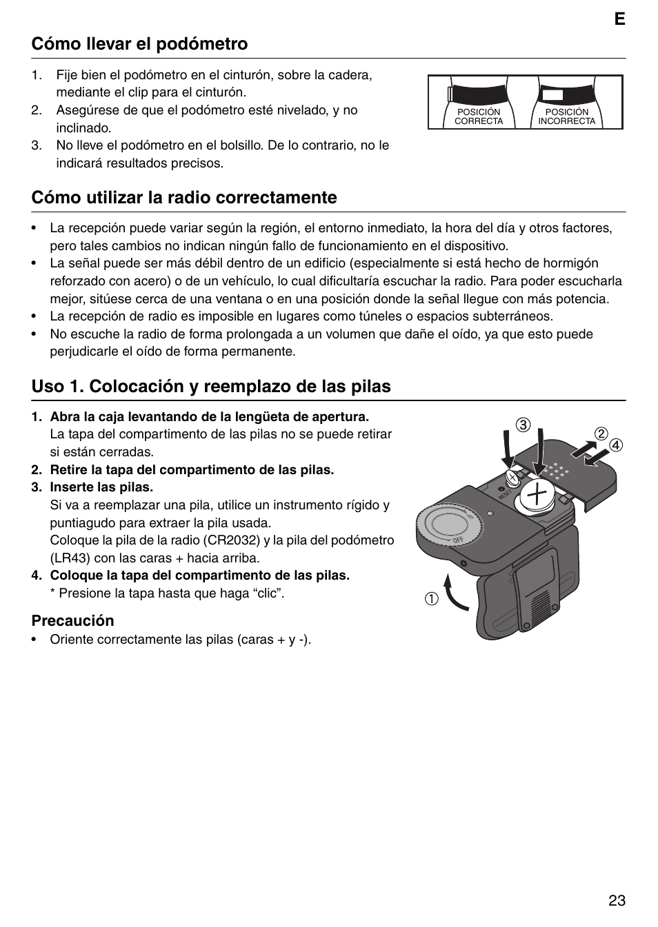 Ecómo llevar el podómetro, Cómo utilizar la radio correctamente, Uso 1. colocación y reemplazo de las pilas | Tanita PD640 User Manual | Page 23 / 60