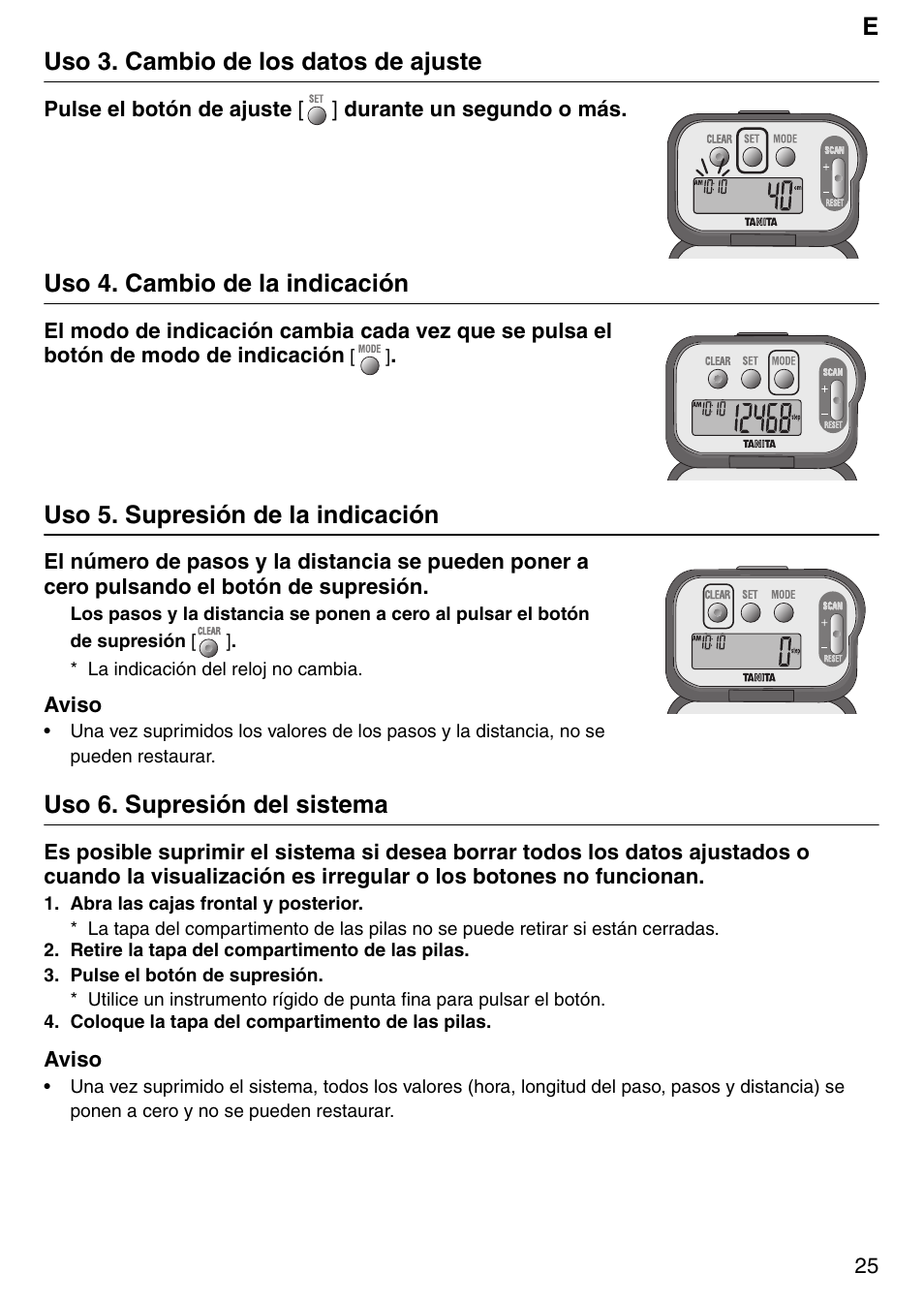 Euso 3. cambio de los datos de ajuste, Uso 4. cambio de la indicación, Uso 5. supresión de la indicación | Uso 6. supresión del sistema | Tanita PD640 User Manual | Page 25 / 60