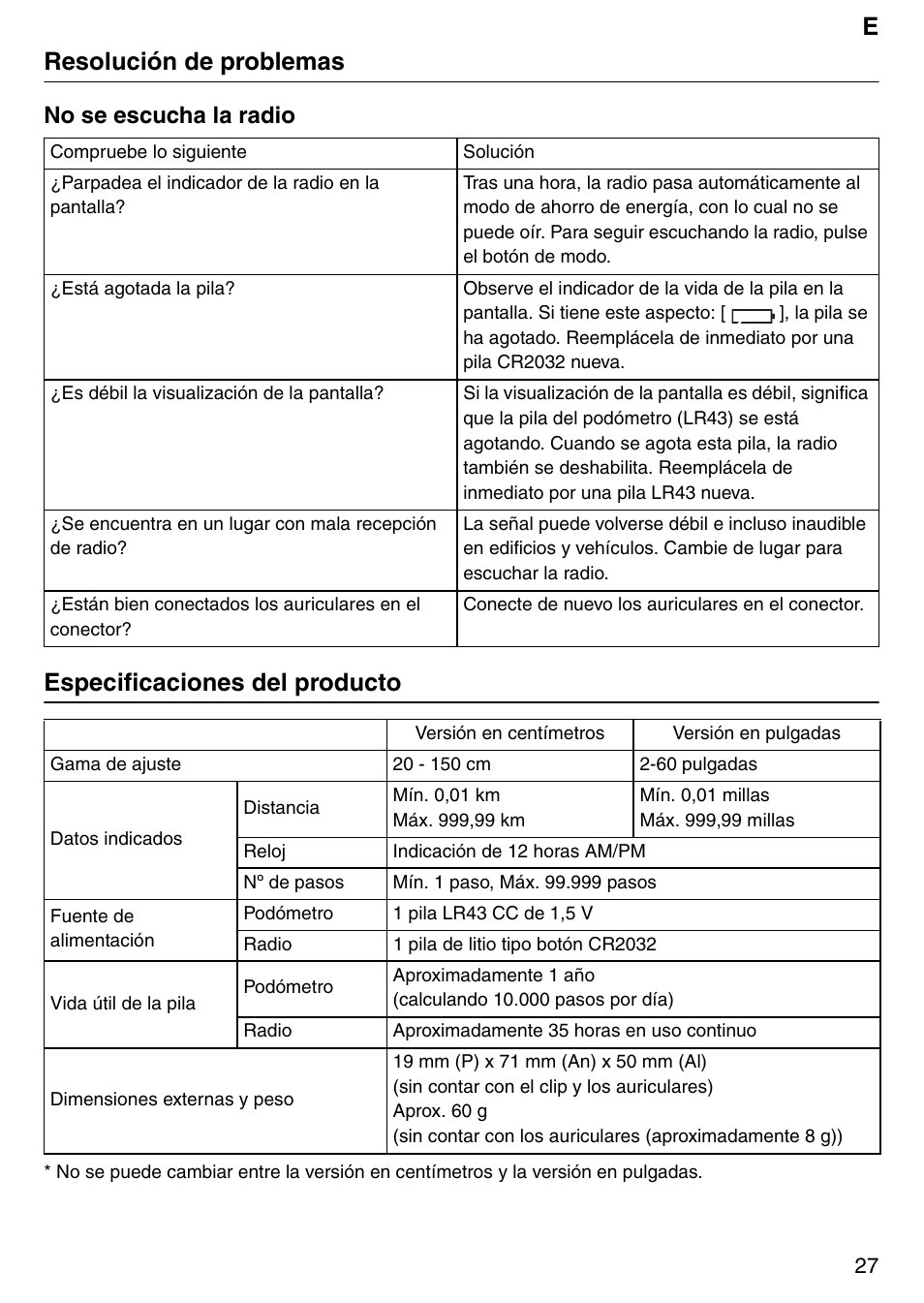 Eresolución de problemas, Especificaciones del producto, No se escucha la radio | Tanita PD640 User Manual | Page 27 / 60