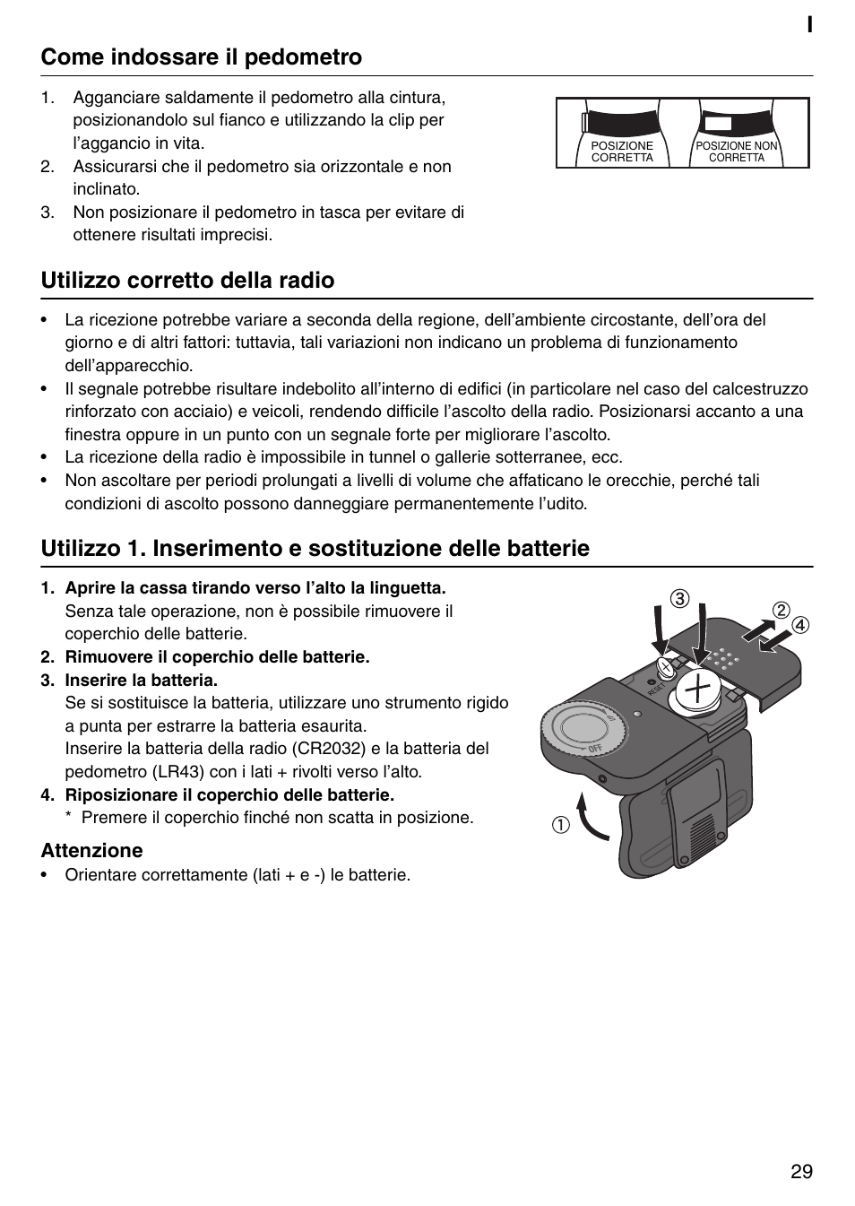 Icome indossare il pedometro, Utilizzo corretto della radio | Tanita PD640 User Manual | Page 29 / 60