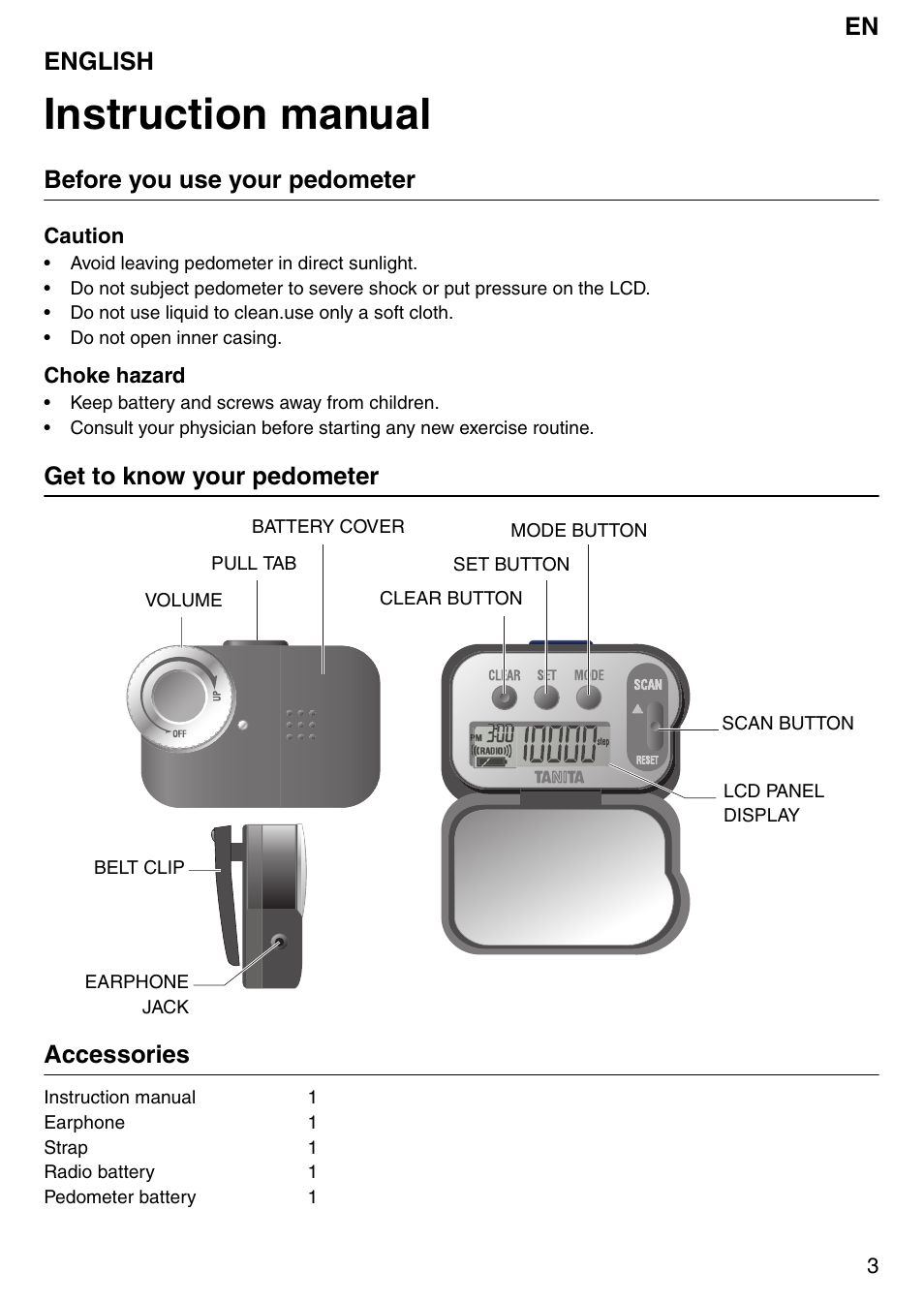 Instruction manual, En english, Before you use your pedometer | Get to know your pedometer accessories | Tanita PD640 User Manual | Page 3 / 60