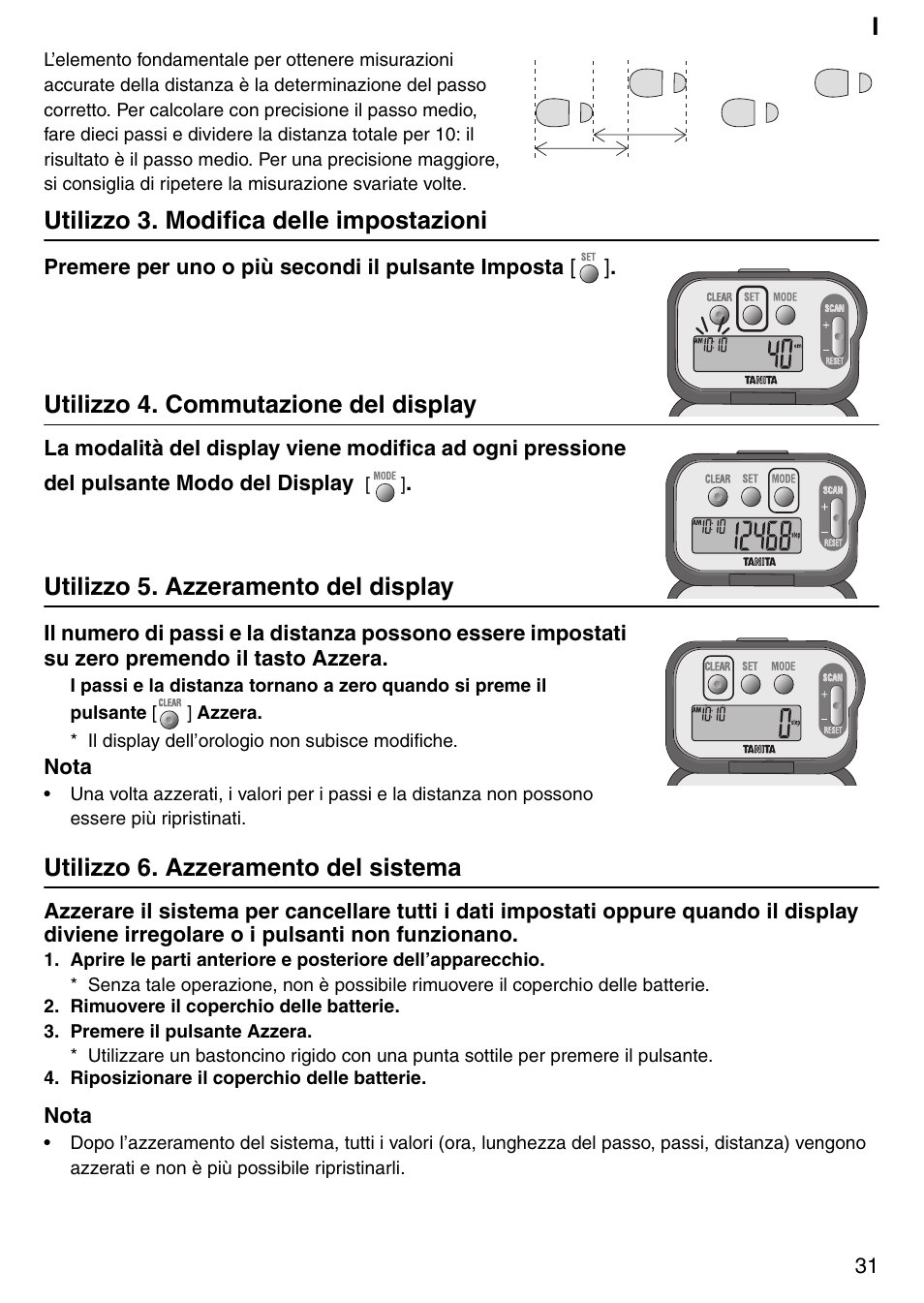 Utilizzo 3. modifica delle impostazioni, Utilizzo 4. commutazione del display, Utilizzo 5. azzeramento del display | Utilizzo 6. azzeramento del sistema | Tanita PD640 User Manual | Page 31 / 60