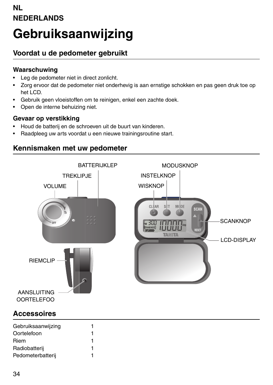 Gebruiksaanwijzing, Nederlands, Voordat u de pedometer gebruikt | Kennismaken met uw pedometer accessoires | Tanita PD640 User Manual | Page 34 / 60