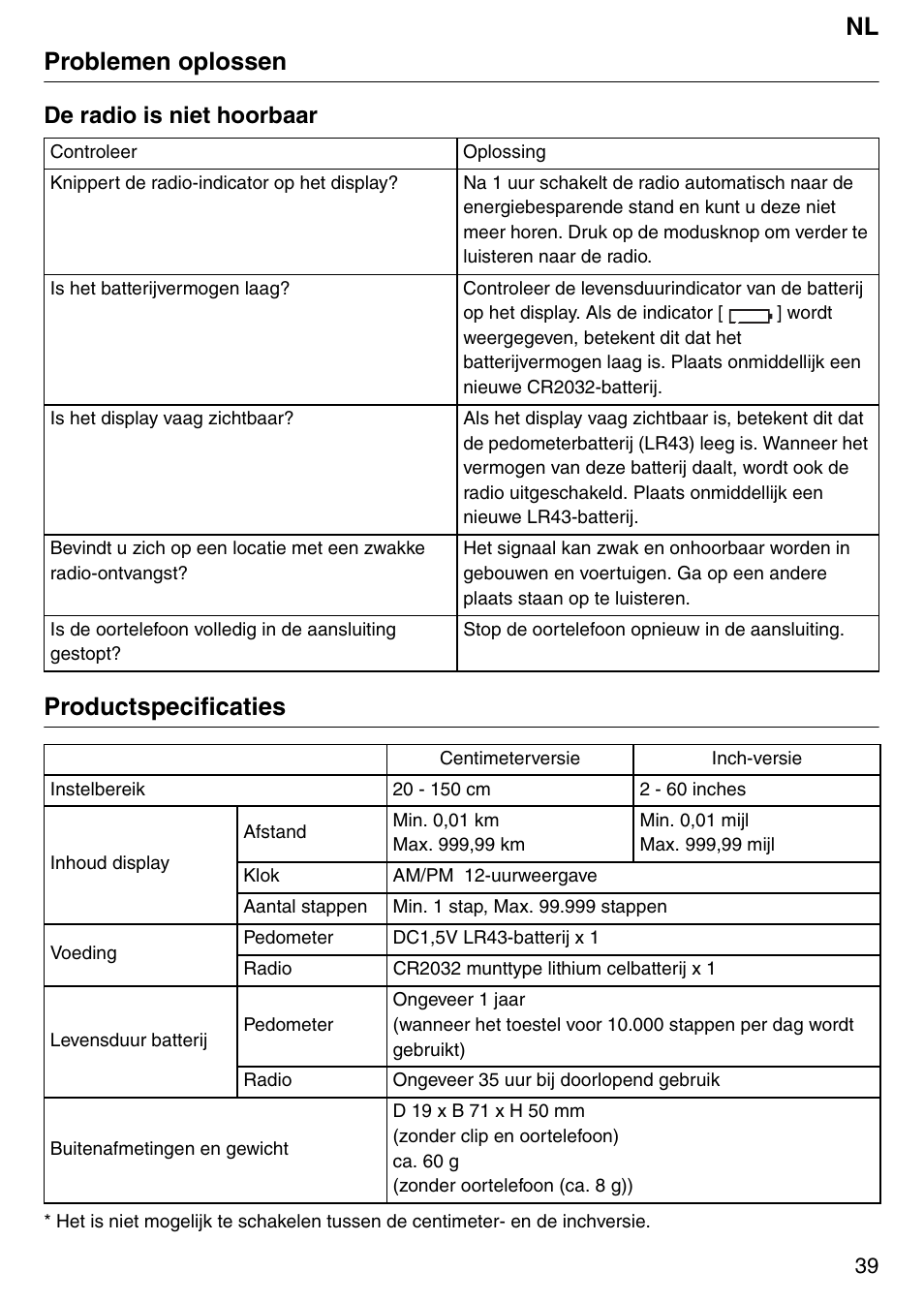 Nl problemen oplossen, Productspecificaties, De radio is niet hoorbaar | Tanita PD640 User Manual | Page 39 / 60