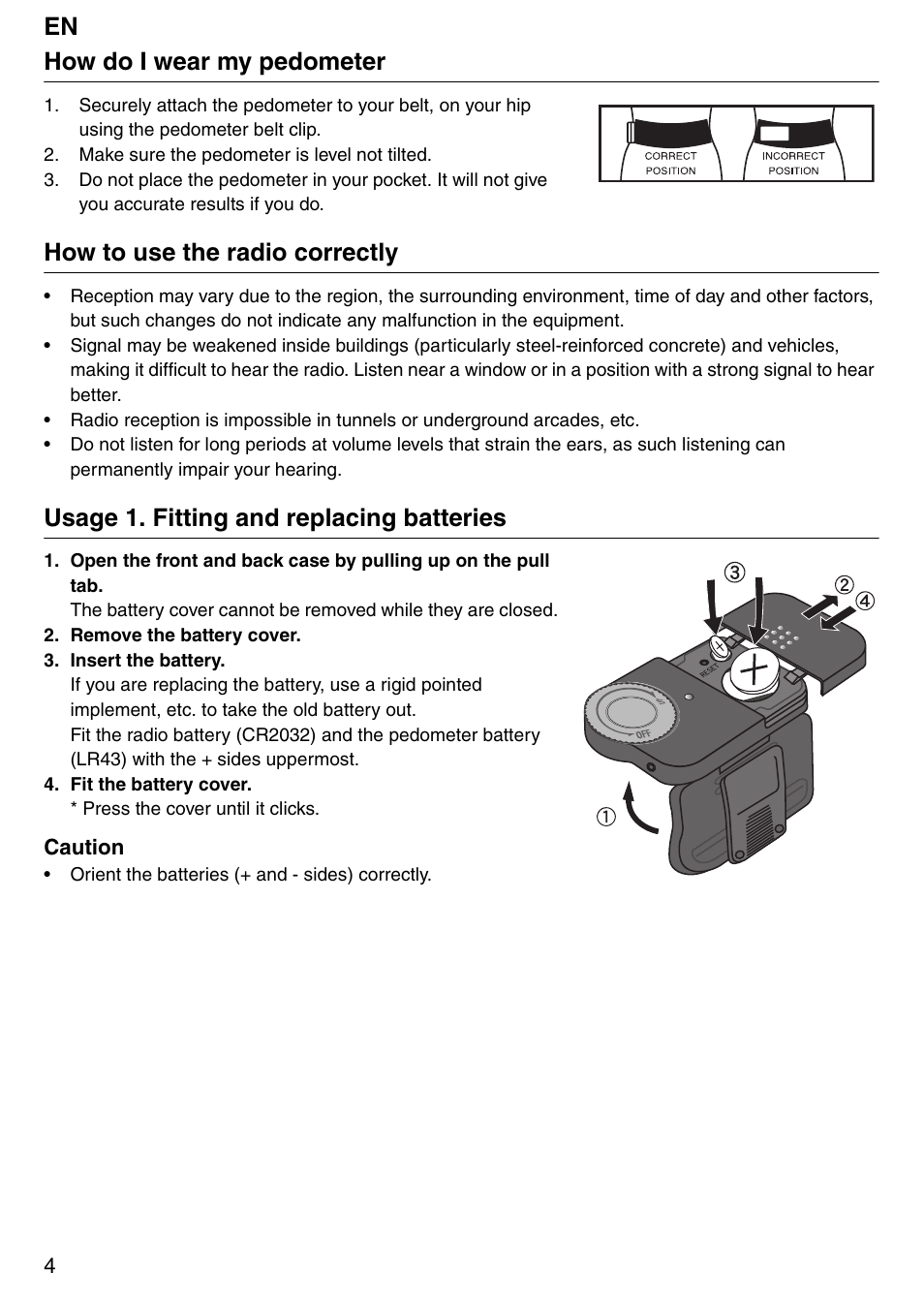 En how do i wear my pedometer, How to use the radio correctly, Usage 1. fitting and replacing batteries | Tanita PD640 User Manual | Page 4 / 60