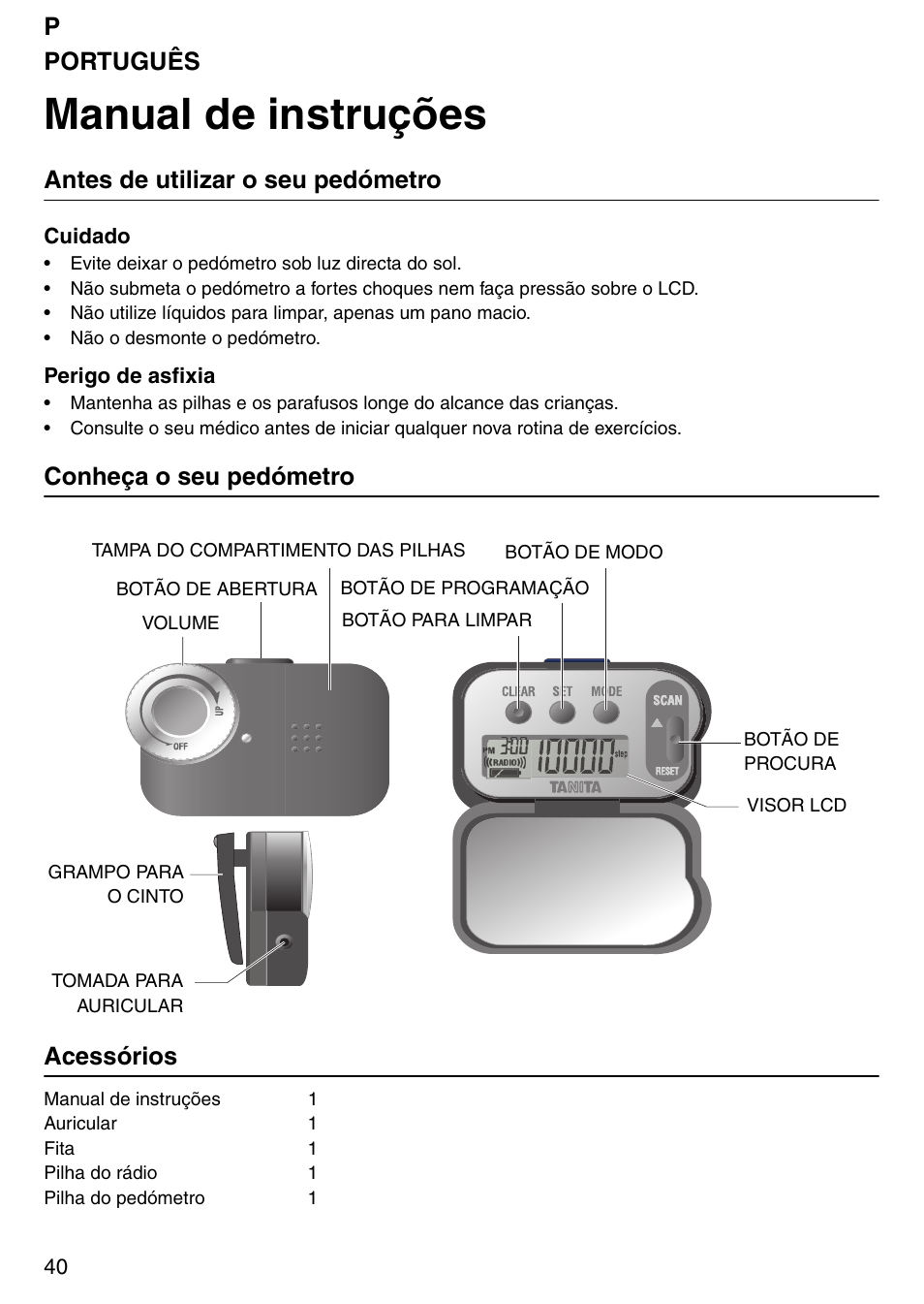 Manual de instruções, Pportuguês, Antes de utilizar o seu pedómetro | Conheça o seu pedómetro acessórios | Tanita PD640 User Manual | Page 40 / 60