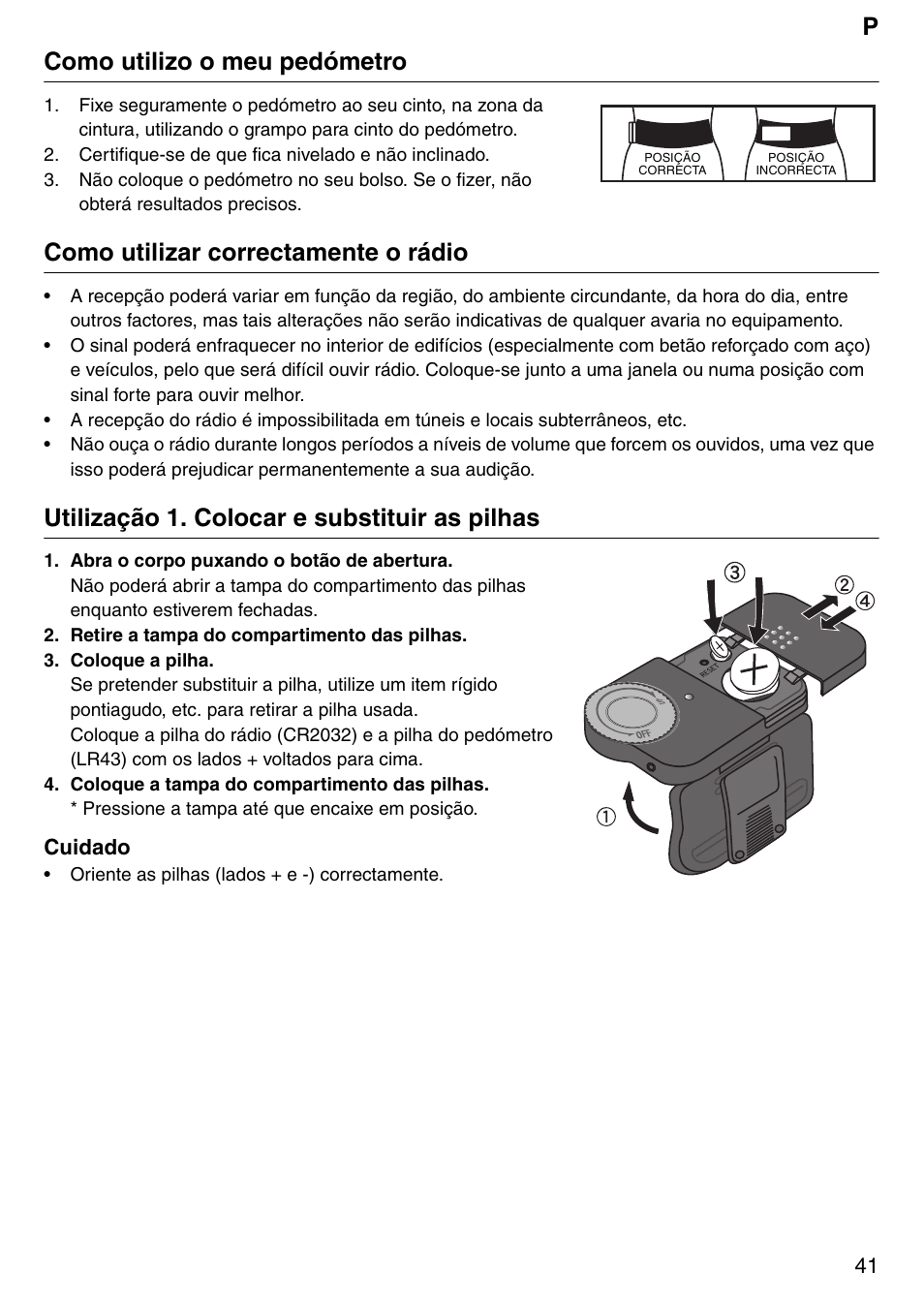 Pcomo utilizo o meu pedómetro, Como utilizar correctamente o rádio, Utilização 1. colocar e substituir as pilhas | Tanita PD640 User Manual | Page 41 / 60