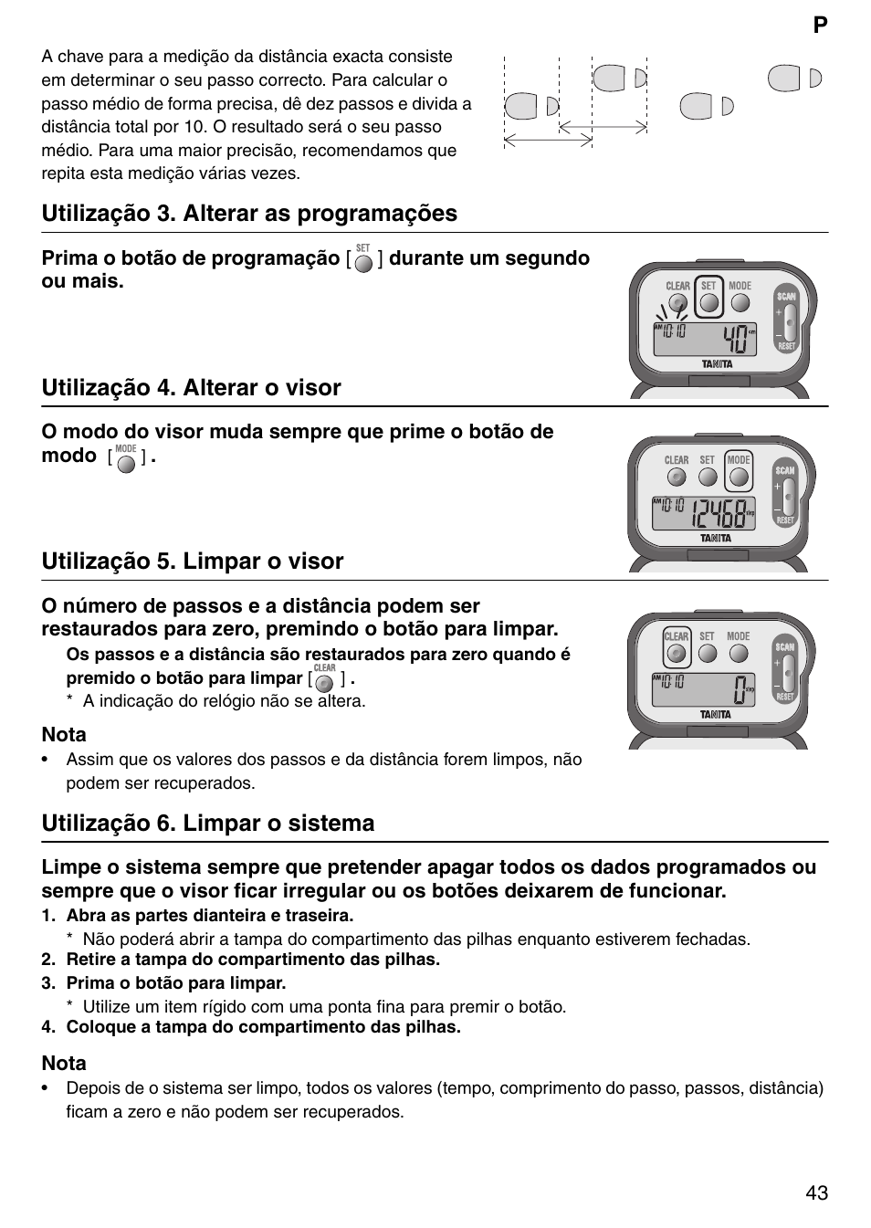 Utilização 3. alterar as programações, Utilização 4. alterar o visor, Utilização 5. limpar o visor | Utilização 6. limpar o sistema | Tanita PD640 User Manual | Page 43 / 60