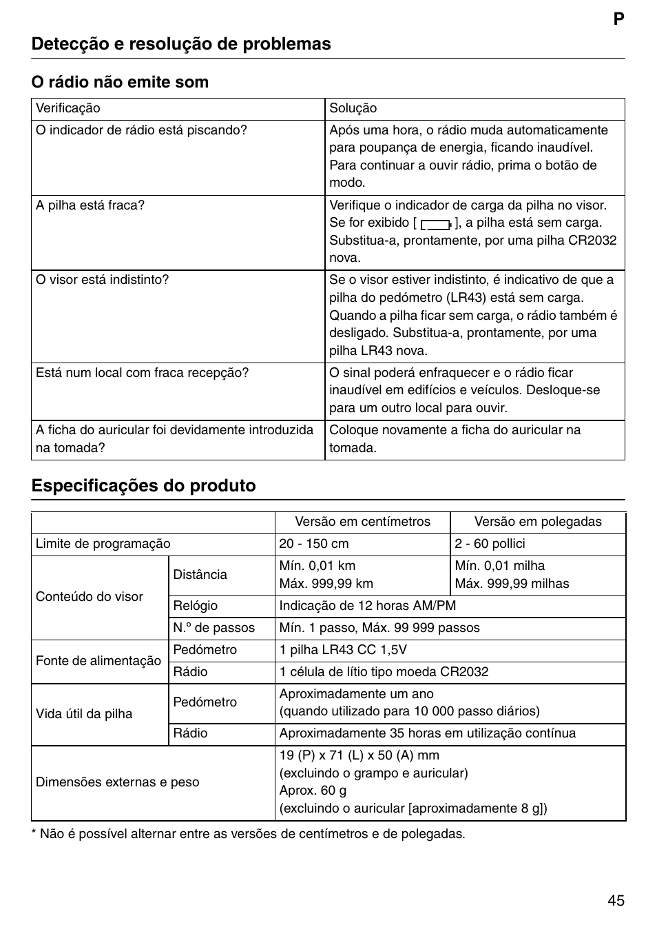 Pdetecção e resolução de problemas, Especificações do produto, O rádio não emite som | Tanita PD640 User Manual | Page 45 / 60