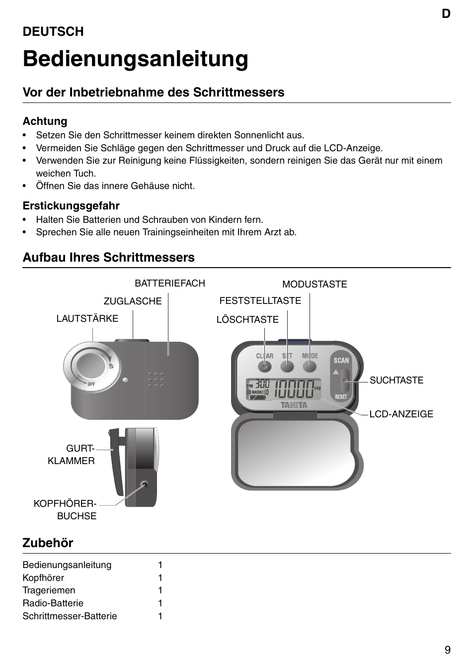 Bedienungsanleitung, Ddeutsch, Vor der inbetriebnahme des schrittmessers | Aufbau ihres schrittmessers zubehör | Tanita PD640 User Manual | Page 9 / 60