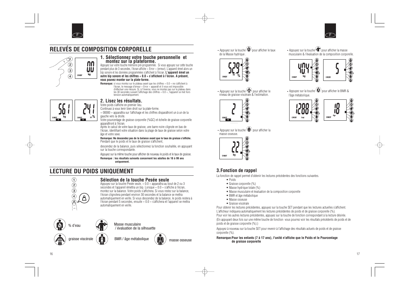 Relevés de composition corporelle, Lecture du poids uniquement | Tanita BC-543 User Manual | Page 10 / 23