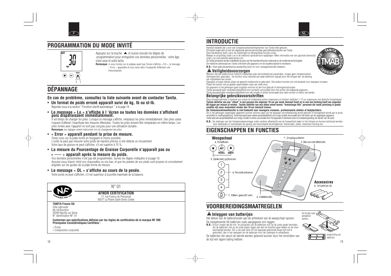 Recall guest, Dépannage, Introductie | Programmation du mode invité | Tanita BC-543 User Manual | Page 11 / 23