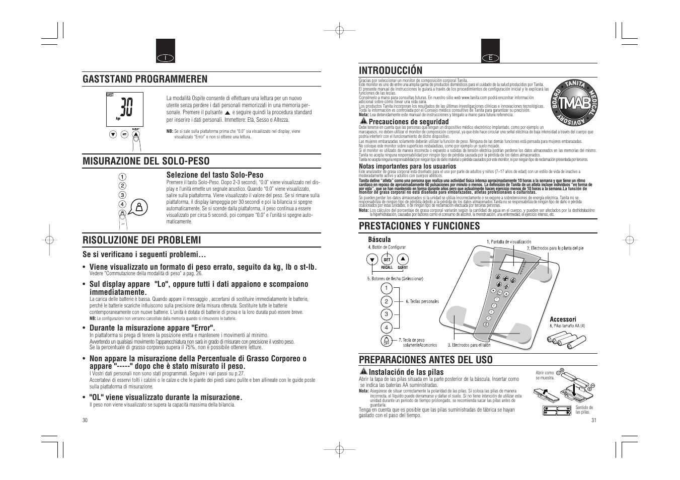 Recall guest, Introducción, Prestaciones y funciones | Preparaciones antes del uso, Gaststand programmeren misurazione del solo-peso, Risoluzione dei problemi | Tanita BC-543 User Manual | Page 17 / 23