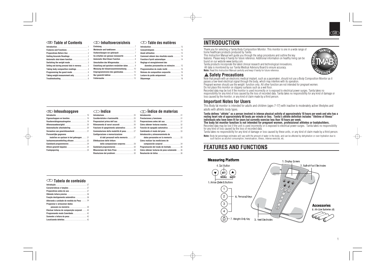 Recall guest, Introduction features and functions, Safety precautions | Tanita BC-543 User Manual | Page 2 / 23