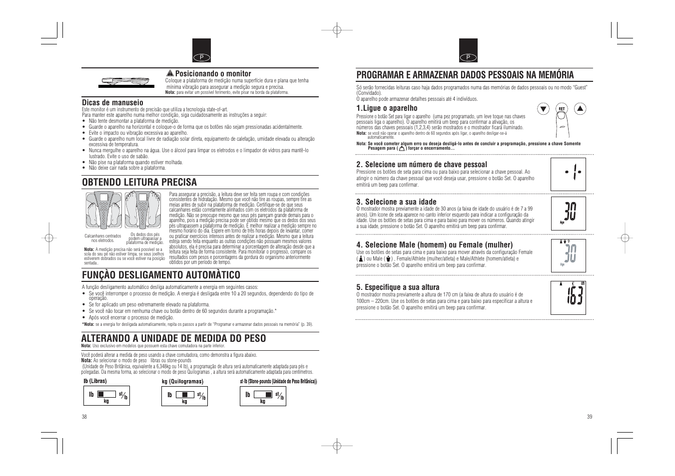 Programar e armazenar dados pessoais na memória, Obtendo leitura precisa, Funçào desligamento automàtico | Alterando a unidade de medida do peso | Tanita BC-543 User Manual | Page 21 / 23