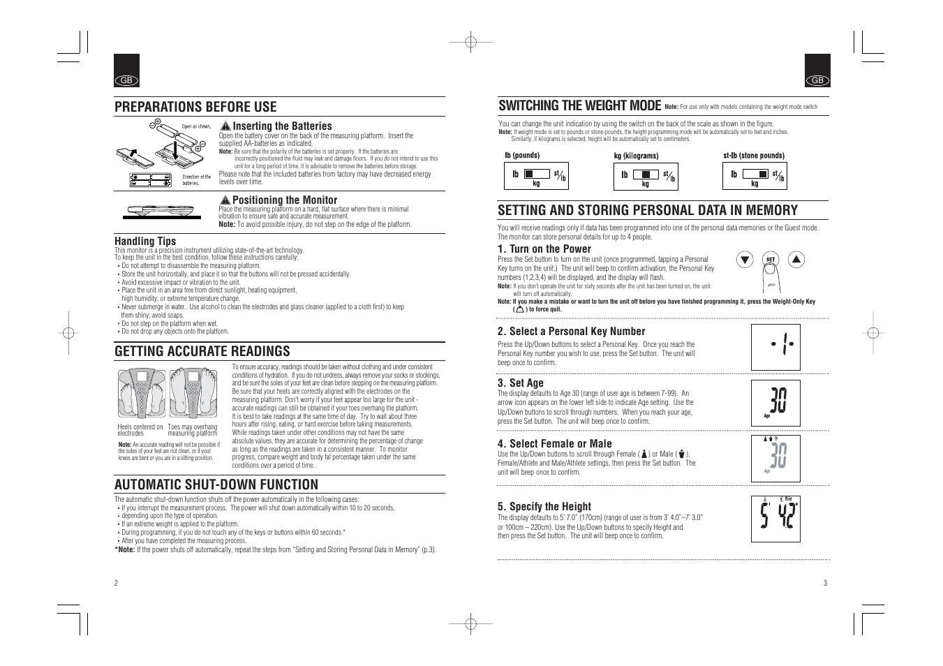 Getting accurate readings, Automatic shut-down function, Switching the weight mode | Preparations before use | Tanita BC-543 User Manual | Page 3 / 23