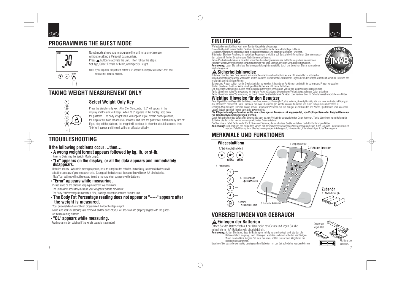 Recall guest, Einleitung, Troubleshooting | Tanita BC-543 User Manual | Page 5 / 23