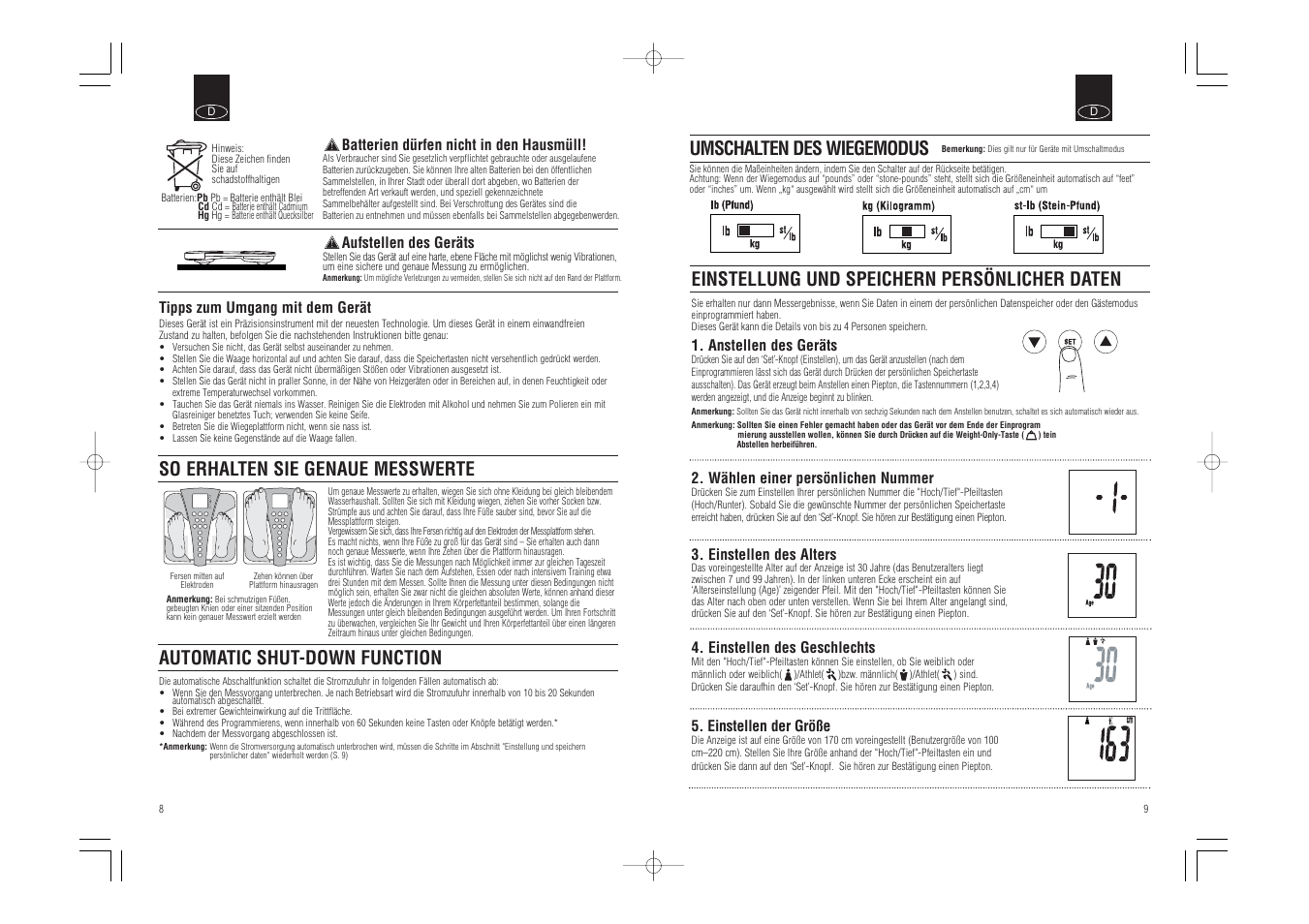 Einstellung und speichern persönlicher daten, So erhalten sie genaue messwerte, Automatic shut-down function | Umschalten des wiegemodus | Tanita BC-543 User Manual | Page 6 / 23