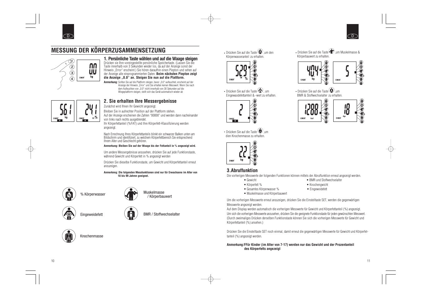 Messung der körperzusammensetzung, Sie erhalten ihre messergebnisse, Abruffunktion | Tanita BC-543 User Manual | Page 7 / 23