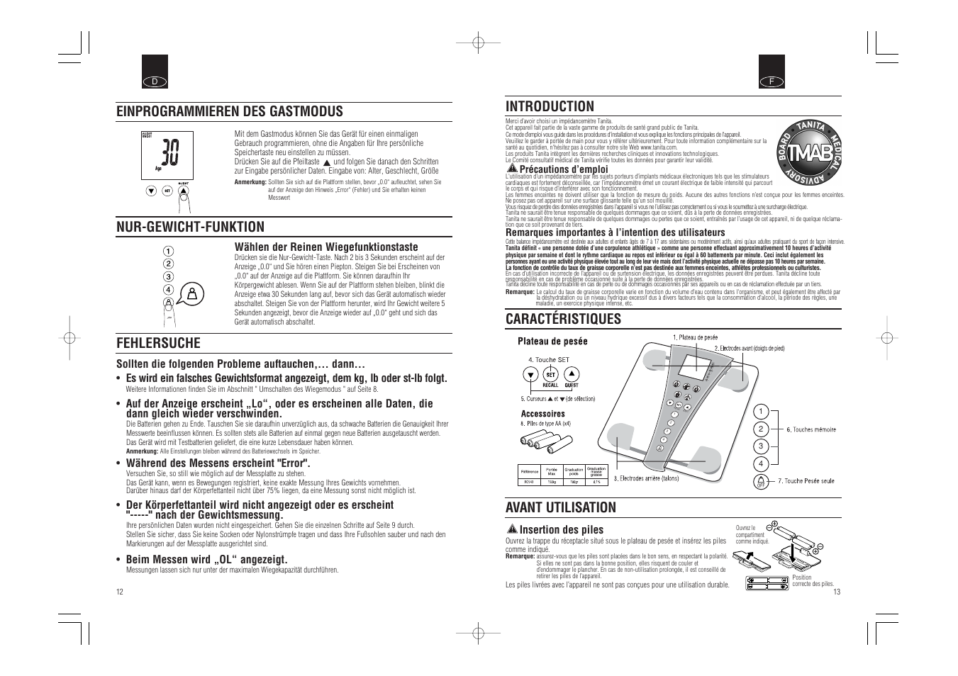 Recall gues t, Introduction, Caractéristiques | Avant utilisation, Fehlersuche | Tanita BC-543 User Manual | Page 8 / 23