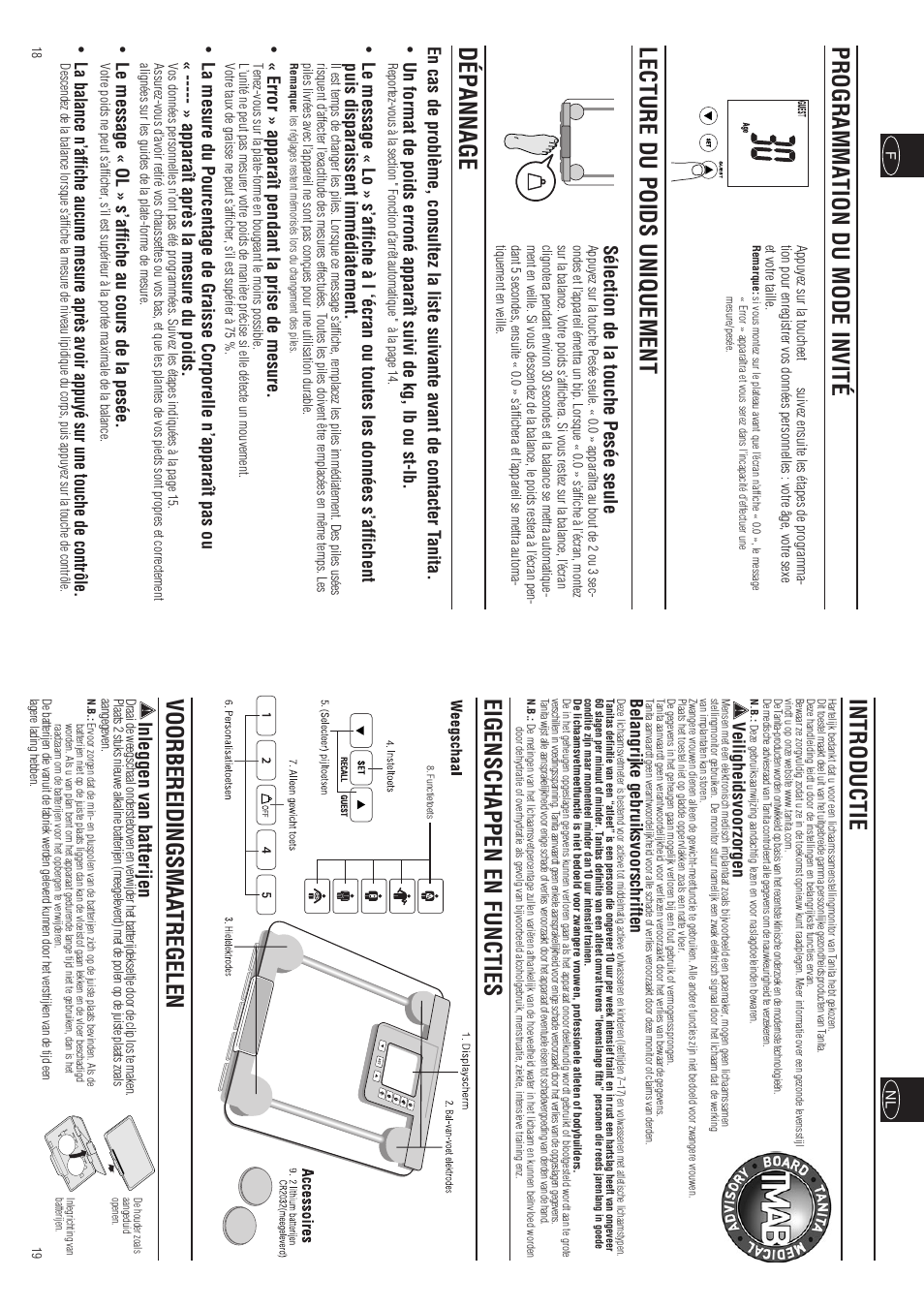 Introductie, Dépannage, Inleggen van batterijen | Sélection de la touche pesée seule, Error » apparaît pendant la prise de mesure, Le message « ol » s’affiche au cours de la pesée | Tanita InnerScan BC-557 User Manual | Page 11 / 23