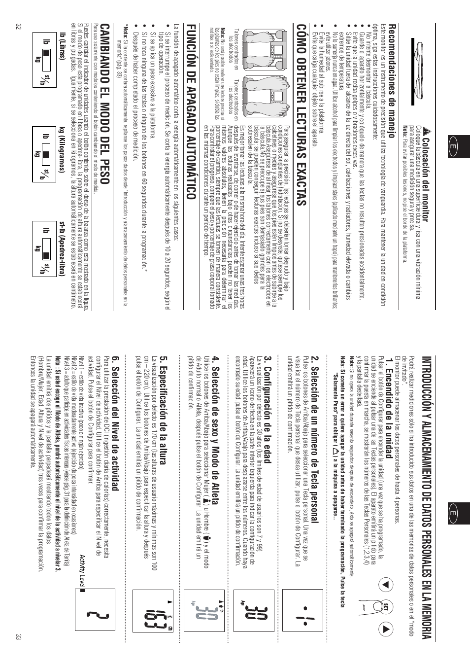 Cómo obtener lecturas exact as, Función de ap agado automático, Cambiando el modo del peso | Encendido de la unidad, Selección de un número de t ecla personal, Configuración de la edad, Selección de sexo y modo de atleta, Especificación de la altura, Selección del nivel de actividad, Recomendaciones de manejo | Tanita InnerScan BC-557 User Manual | Page 18 / 23