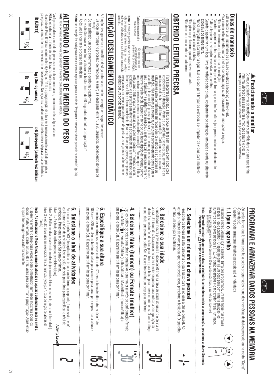 Programar e armazenar dados pessoais na memória, Obtendo leitura precisa, Funçào desligamento automàtico | Al terando a unidade de medida do peso, Ligue o aparelho, Selecione um número de chave pessoal, Selecione a sua idade, Selecione male (homem) ou female (mulher), Especifique a sua altura, Selecione o nível de atividades | Tanita InnerScan BC-557 User Manual | Page 21 / 23