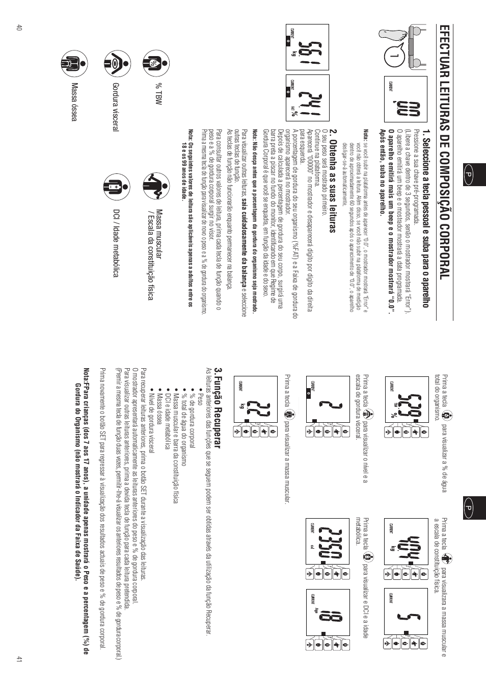 Efectuar leituras de composição corporal, Função recuperar, Seleccione a tecla pessoal e suba para o aparelho | Obtenha as suas leituras | Tanita InnerScan BC-557 User Manual | Page 22 / 23