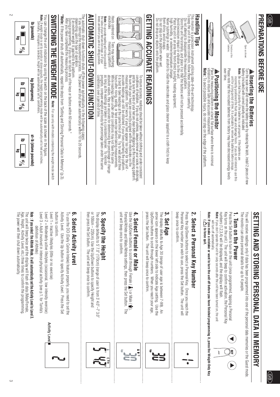 Getting accura te readings, Automa tic shut -down function, Switching the weight mode | Prep ara tions before use, T u rn on the power, Select a personal key number, Set age, Select female or male, Specify the height, Select activity level | Tanita InnerScan BC-557 User Manual | Page 3 / 23