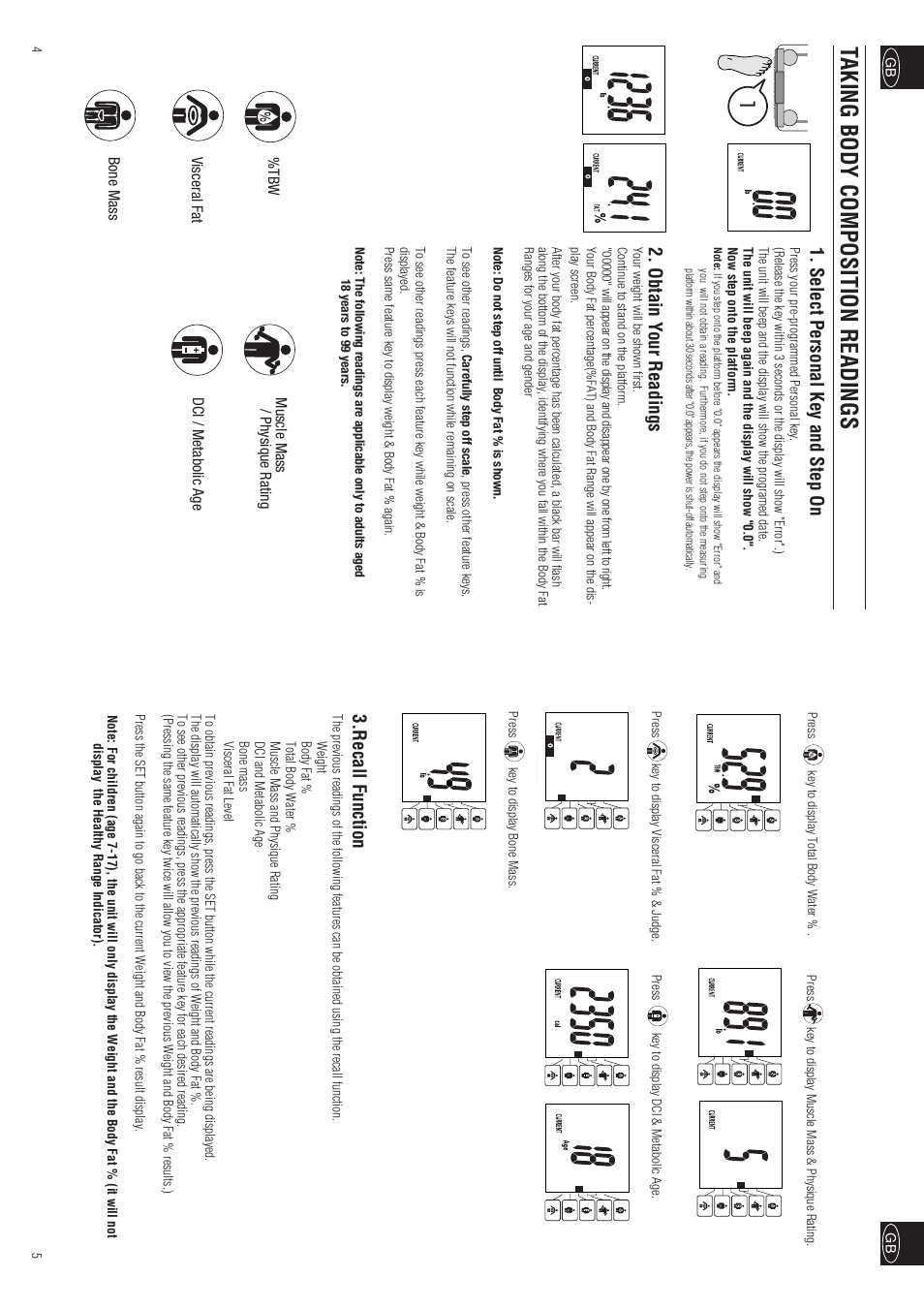 Taking body composition readings, Recall function, Select personal key and step on | Obtain y our readings | Tanita InnerScan BC-557 User Manual | Page 4 / 23