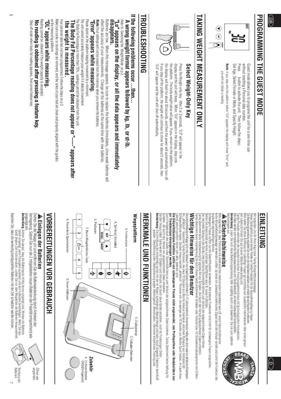 Einleitung, Troubleshooting, Sicherheitshinweise | Wichtige hinweise für den benutzer, Select w eight-only key, Error" appears while measuring, Ol" appears while measuring, Einlegen der batterien | Tanita InnerScan BC-557 User Manual | Page 5 / 23