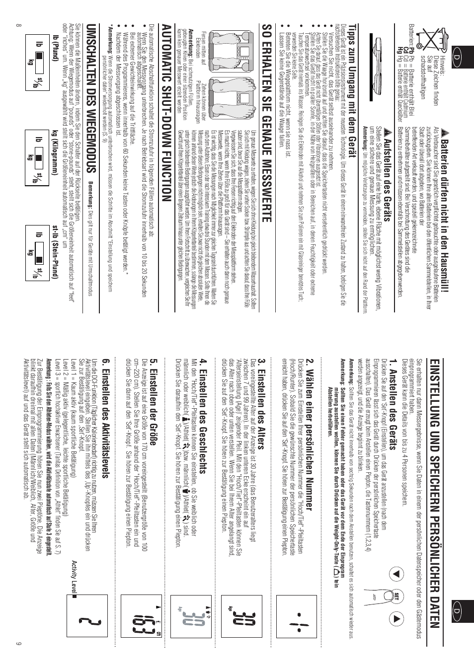 Einstellung und speichern persönlicher da ten, So erhal ten sie genaue messwer te, Automa tic shut -down function | Umschal ten des wiegemodus, Anstellen des geräts, Wählen einer persönlichen nummer, Einstellen des alters, Einstellen des geschlechts, Einstellen der größe, Einstellen des aktivitätslevels | Tanita InnerScan BC-557 User Manual | Page 6 / 23