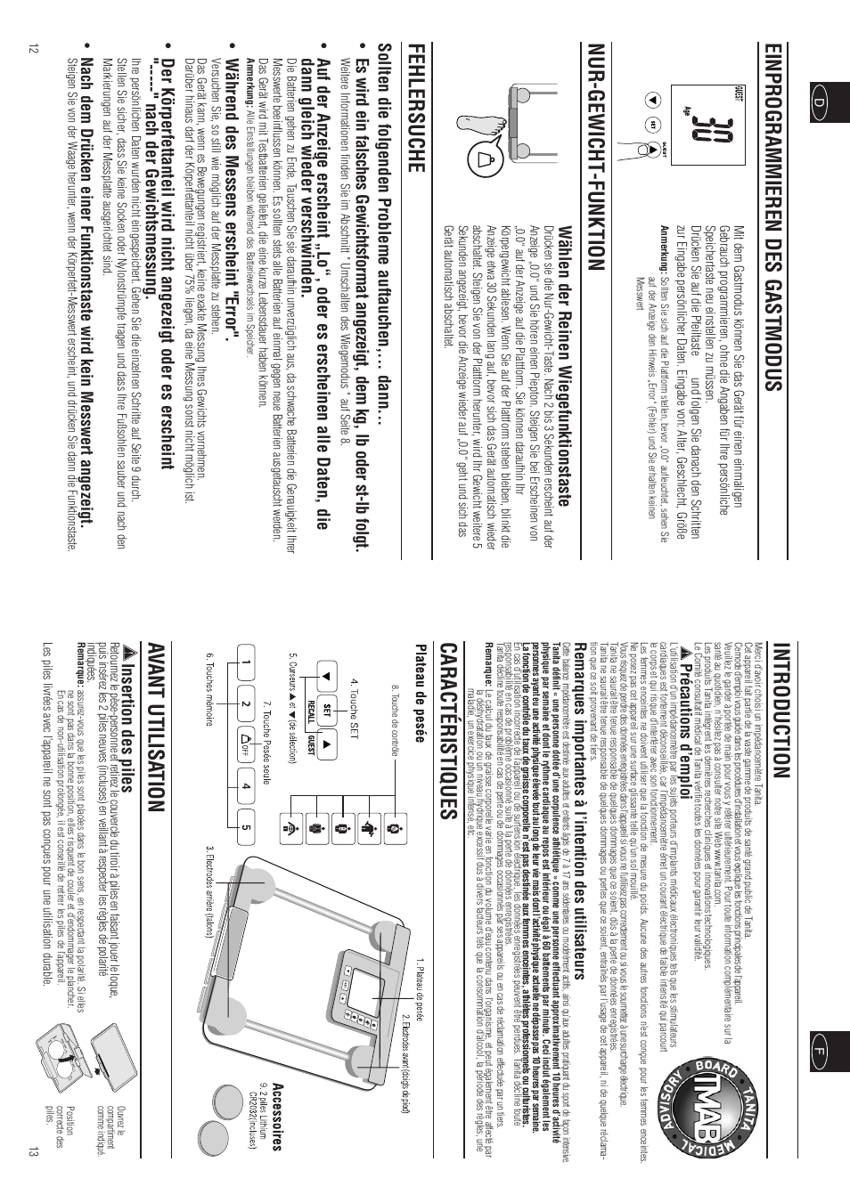 Introduction, Caractéristiques, Av ant utilisa tion | Fehlersuche, Insertion des piles, Wählen der reinen wiegefunktionstaste, Während des messens erscheint "error, Précautions d’emploi | Tanita InnerScan BC-557 User Manual | Page 8 / 23