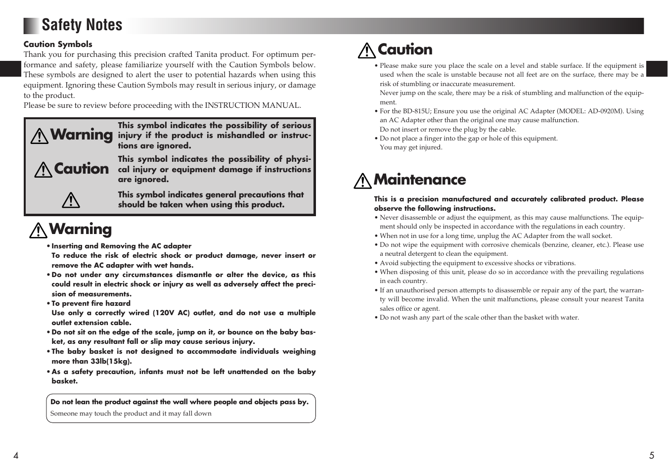 Warning caution warning, Caution, Maintenance | Tanita BD-815U User Manual | Page 3 / 15