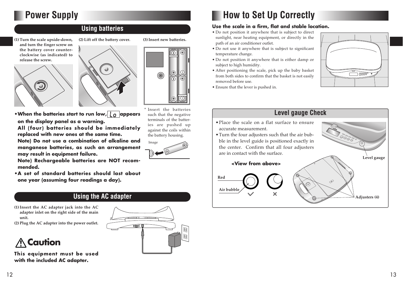 Power supply, How to set up correctly, Caution | Using batteries level gauge check, Using the ac adapter | Tanita BD-815U User Manual | Page 7 / 15