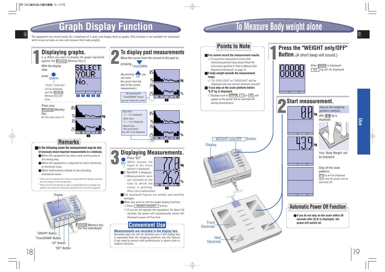 Graph display function, Automatic power off function, Press the "weight only/off" button | Start measurement, Remarks, Convenient use, Displaying graphs | Tanita BF-562 User Manual | Page 10 / 14