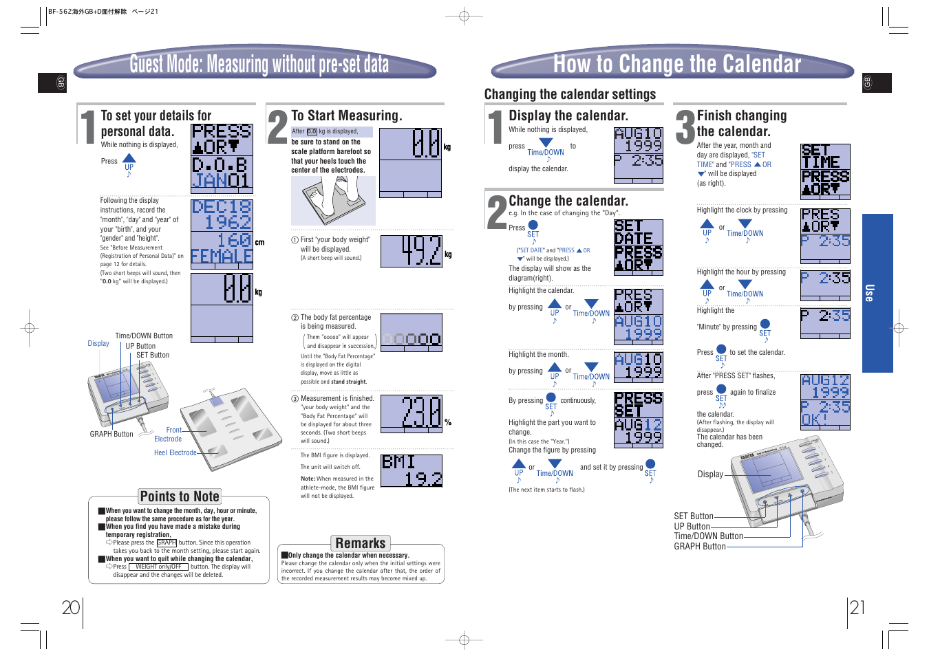 How to change the calendar, Guest mode: measuring without pre-set data, Finish changing the calendar | Display the calendar, Changing the calendar settings, Change the calendar, Remarks | Tanita BF-562 User Manual | Page 11 / 14